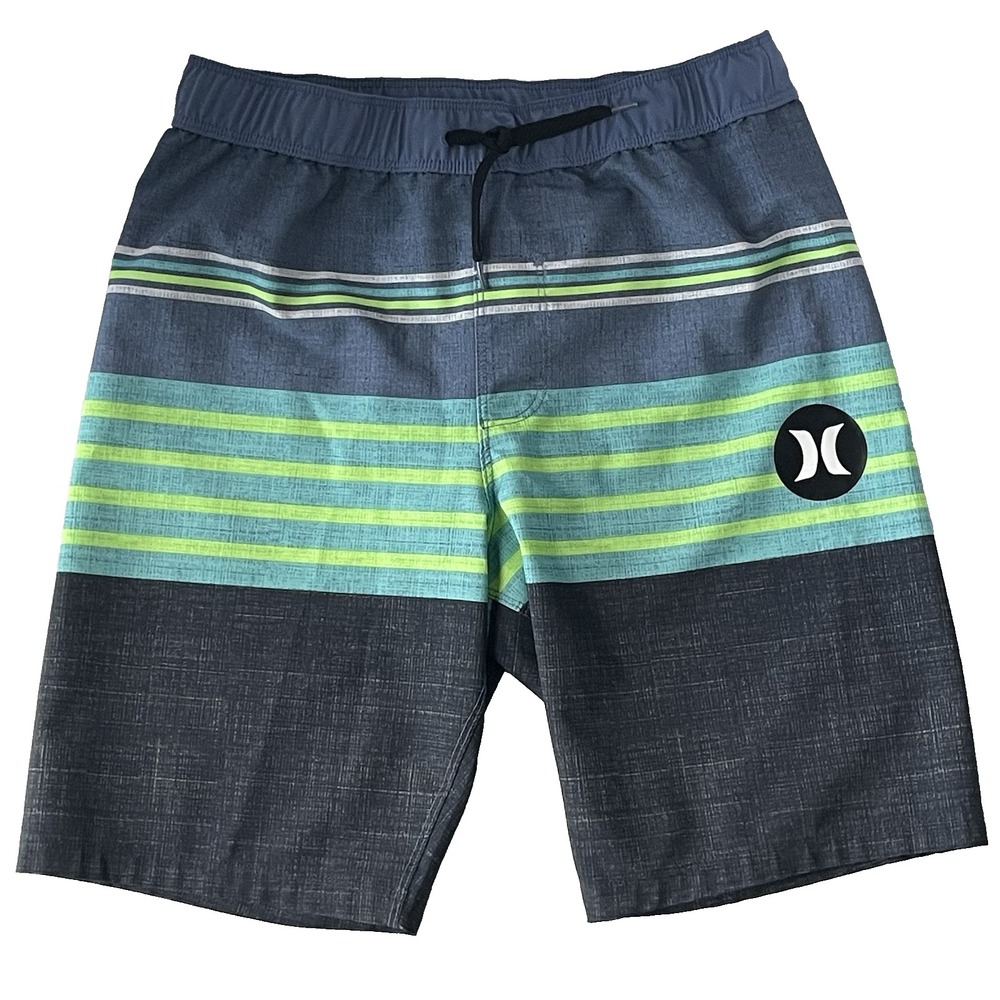 Hurley Boys Swimming Board Shorts Trunks Size 10/12 Blue Green Gray Stripe Lined